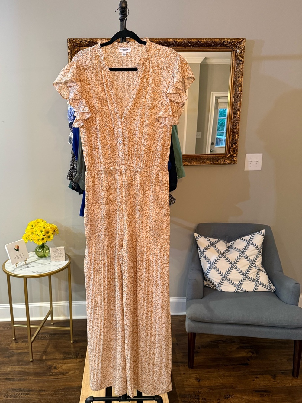 Current Air Khaki/Peach Floral Ruffle-Sleeve Jumpsuit